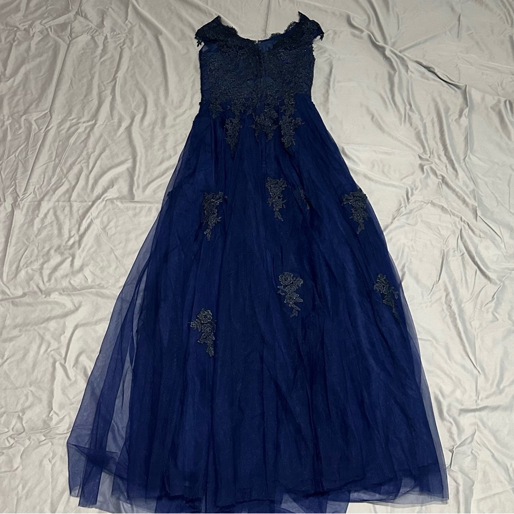 Navy Formal Dress with Lace Accents and Tulle